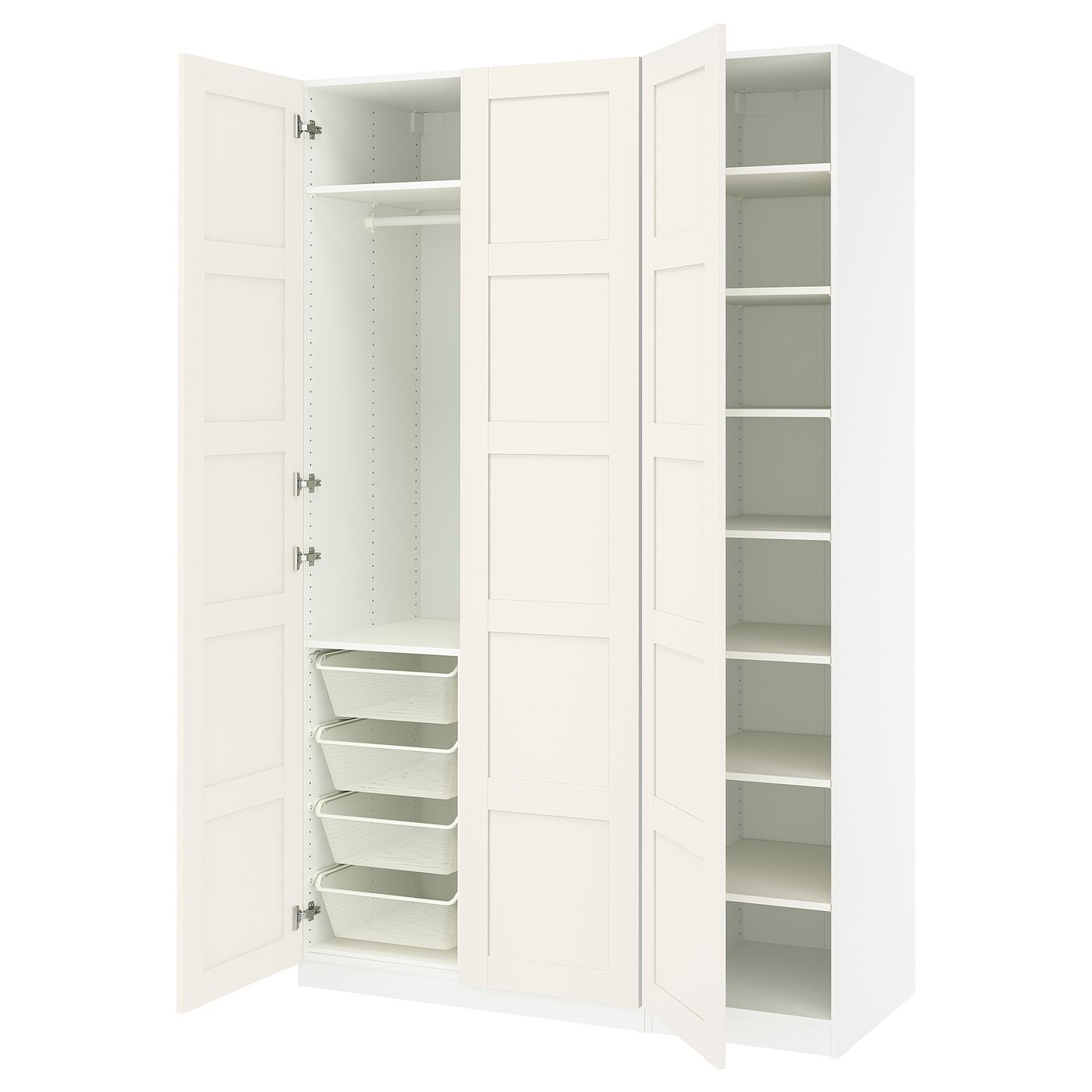 An open wardrobe showing rails, shelves, and drawers in the source clothes-storage guide.