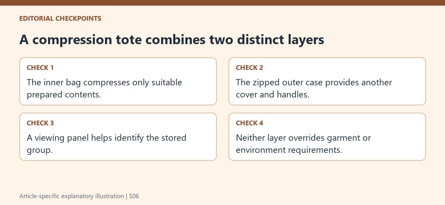 A compression tote combines two distinct layers