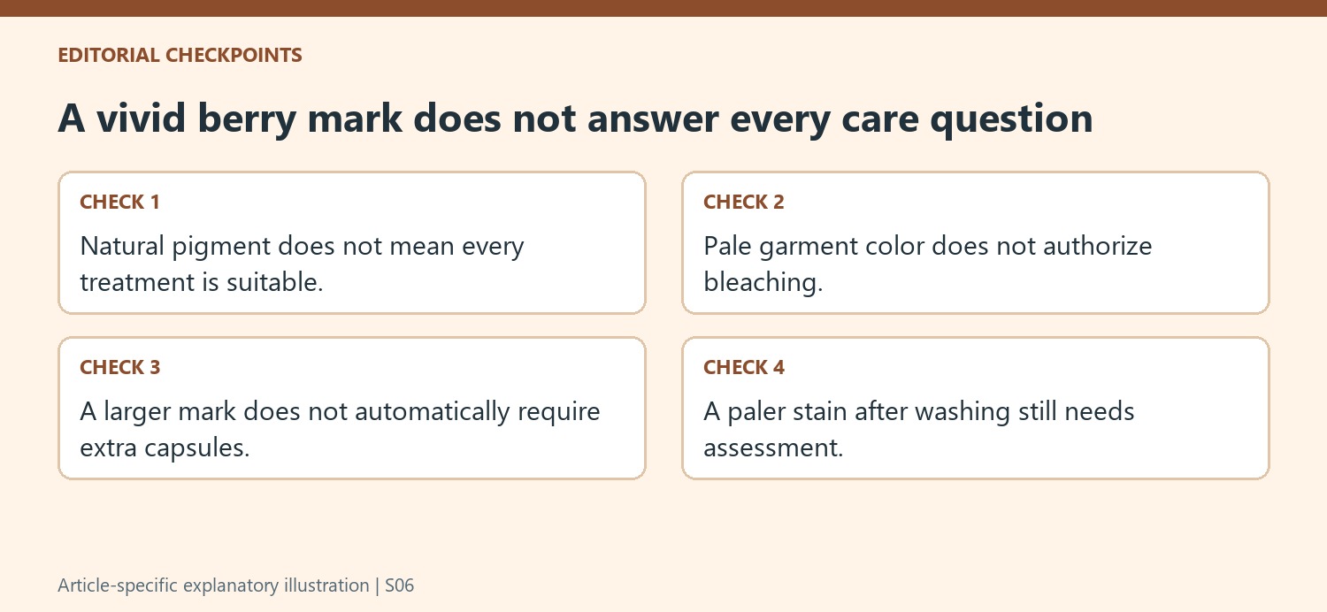 A vivid berry mark does not answer every care question