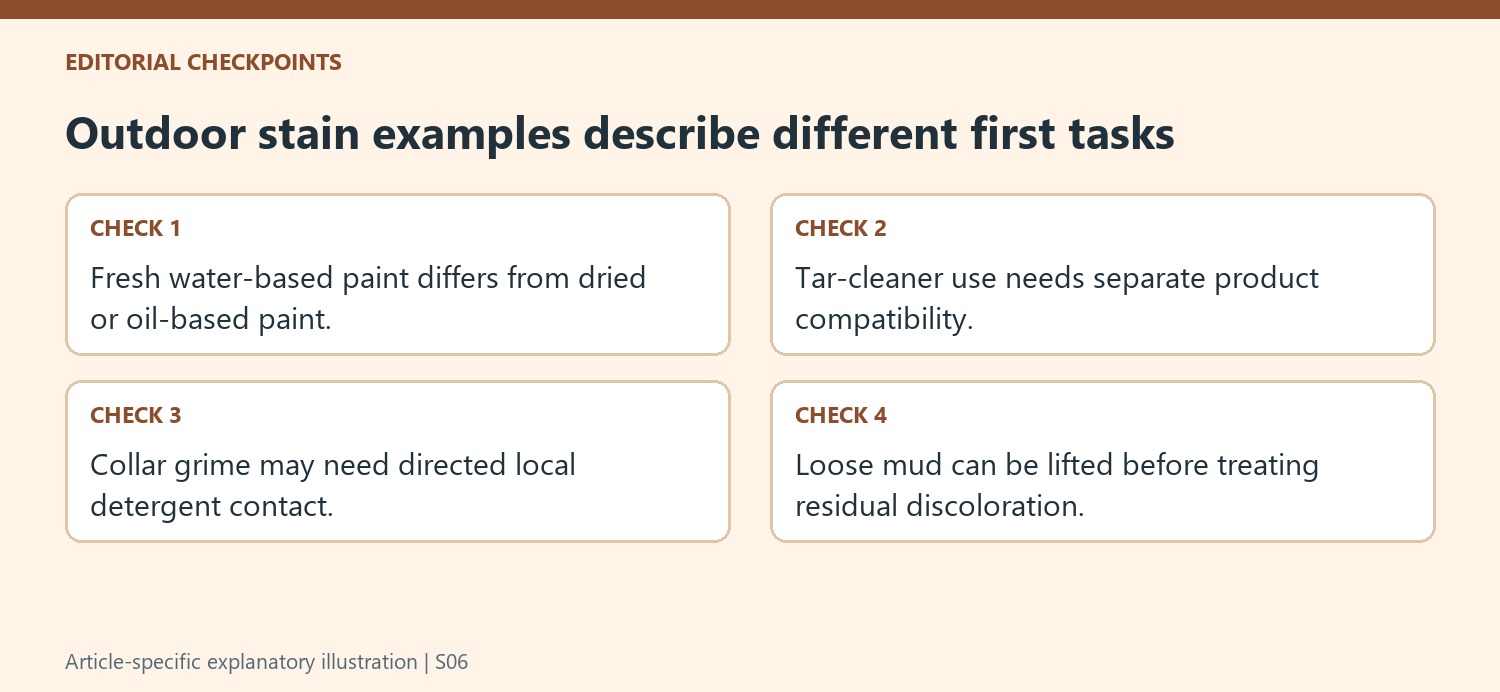 Outdoor stain examples describe different first tasks