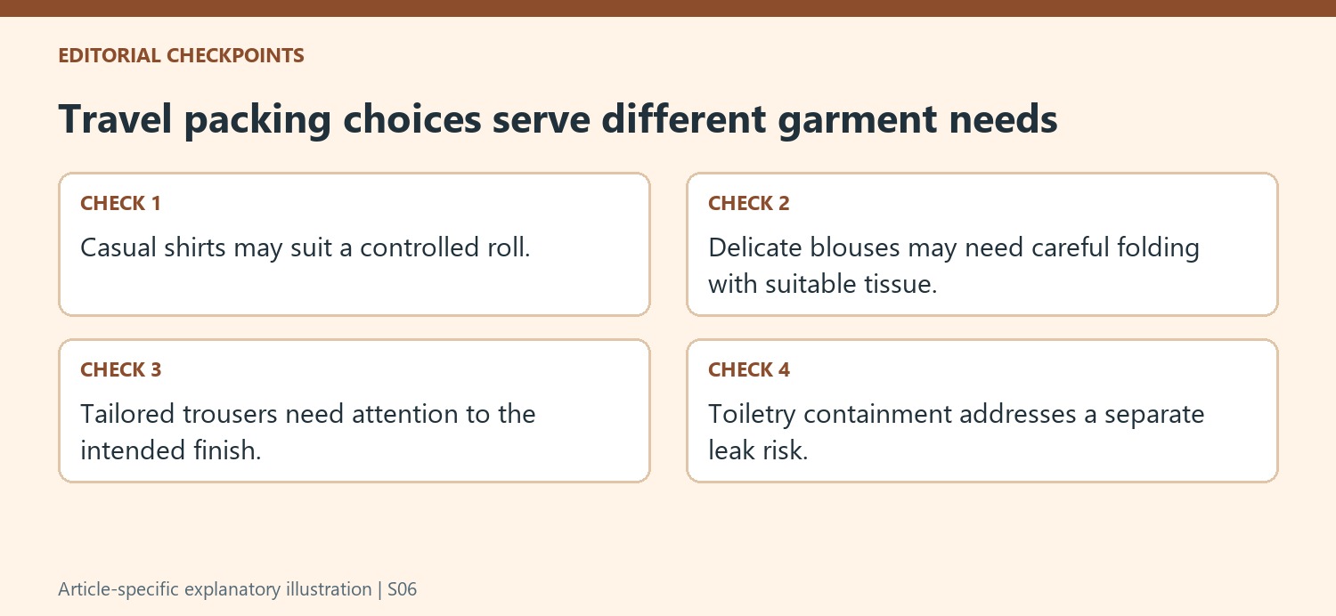 Travel packing choices serve different garment needs