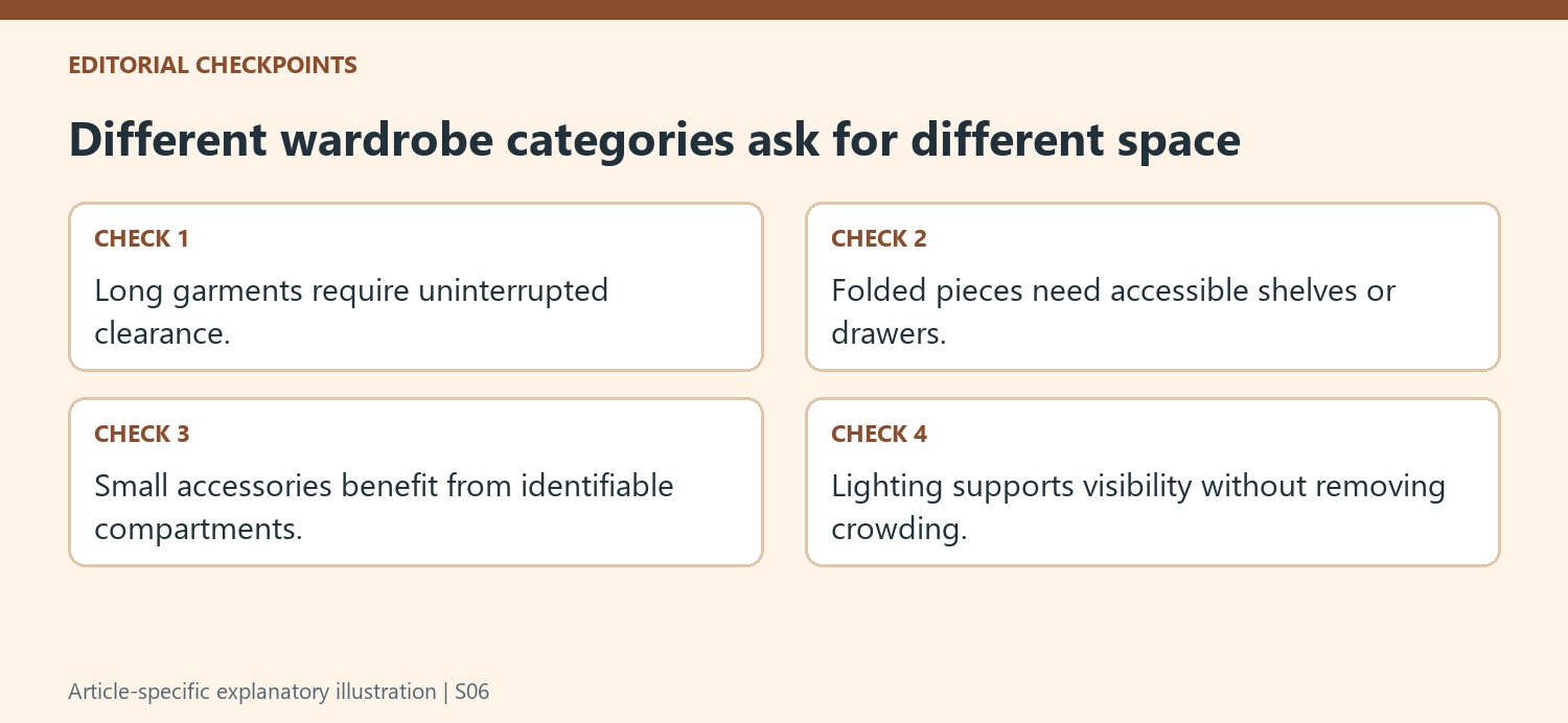 Different wardrobe categories ask for different space