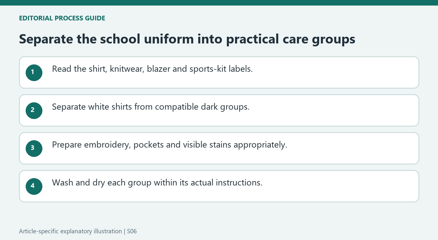 Separate the school uniform into practical care groups